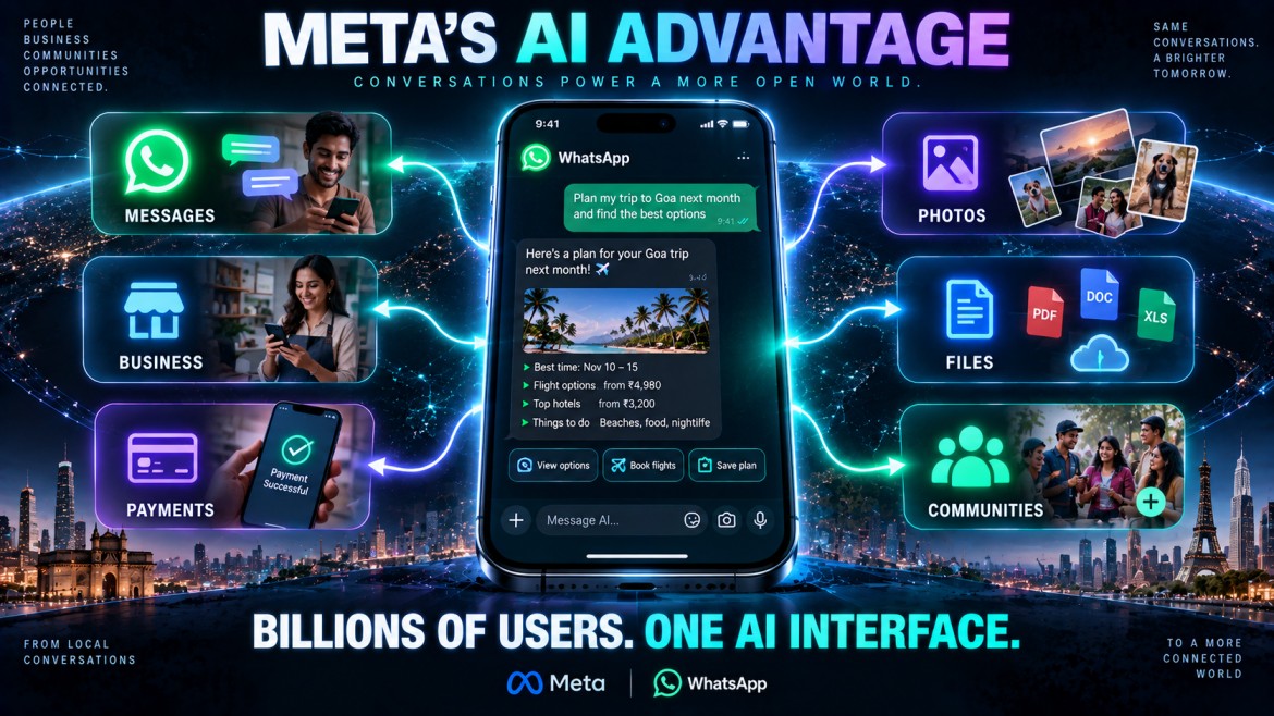 Infographic showing Meta's AI advantage: a WhatsApp conversation planning a trip end-to-end alongside icons for messages, business, payments, photos, files and communities, captioned billions of users, one AI interface