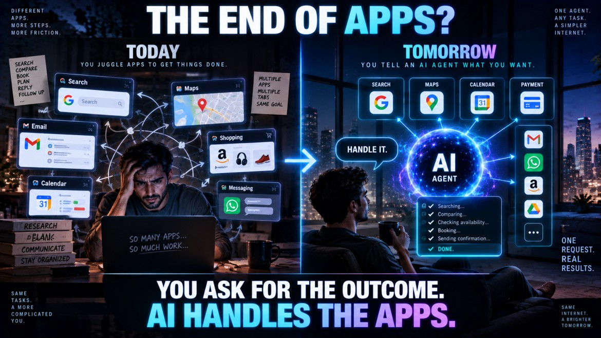 Infographic contrasting today, where a frustrated person juggles search, maps, email, calendar and shopping apps across many tabs, with tomorrow, where a person simply tells an AI agent to handle it and the agent coordinates all those apps for them