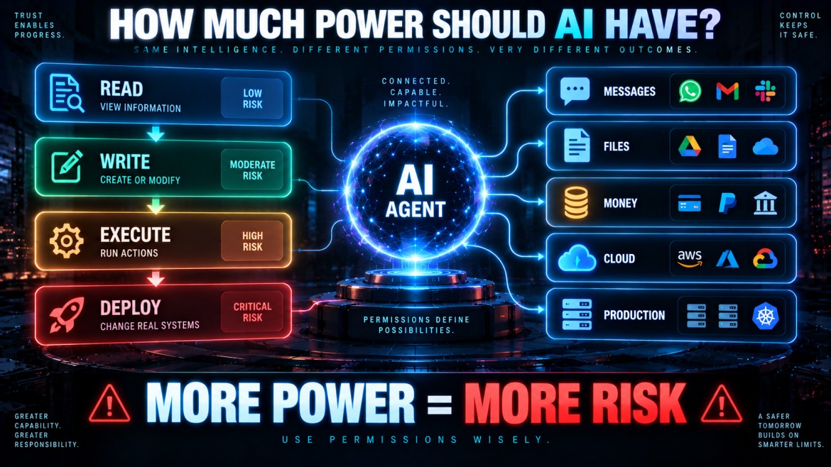 Infographic showing how much power an AI agent should have across four risk levels — read (low risk), write (moderate risk), execute (high risk) and deploy (critical risk) — connected to messages, files, money, cloud and production systems, captioned more power equals more risk