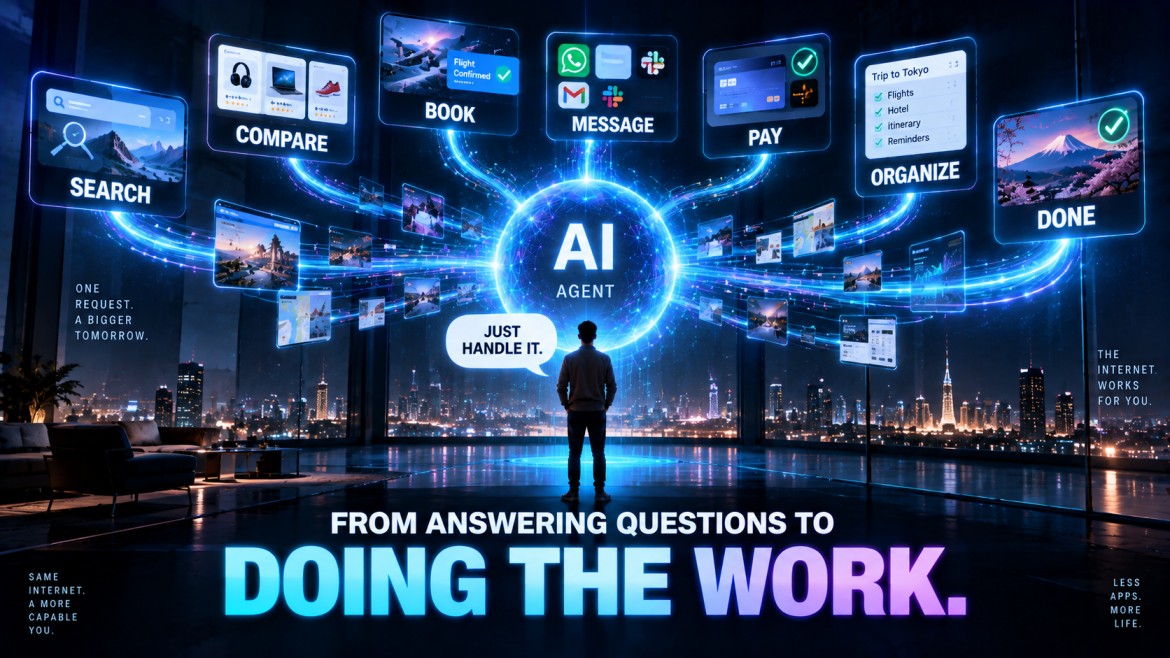 Infographic of a person facing a wall of screens showing search, compare, book, message, pay and organize tasks all converging into a single AI agent that says just handle it, ending with done, captioned from answering questions to doing the work