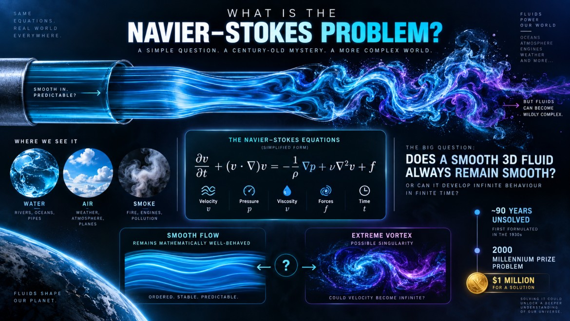 Infographic explaining the Navier–Stokes problem: the equation's velocity, pressure, viscosity, forces and time terms, where the equations show up in the real world (water, air, smoke), and the central question of whether a smooth 3D fluid can always stay smooth