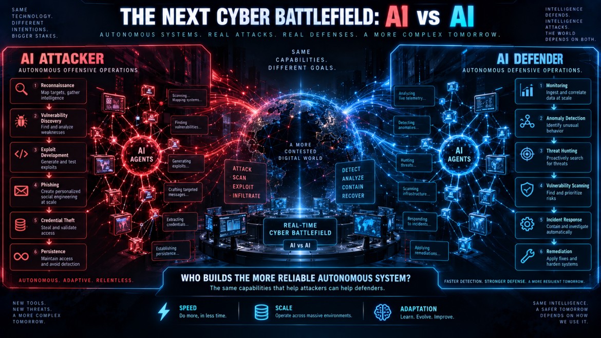 Infographic depicting AI attacker versus AI defender as the next cyber battlefield: autonomous offensive operations like reconnaissance, vulnerability discovery, exploit development and credential theft, mirrored against autonomous defensive operations like monitoring, anomaly detection, threat hunting and incident response